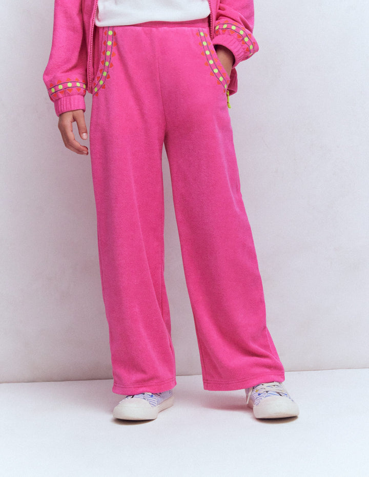 Pantalon droit en éponge-Rose brodé