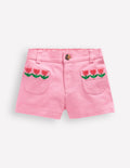 Patch Pocket Shorts-Pink Embroidered Denim