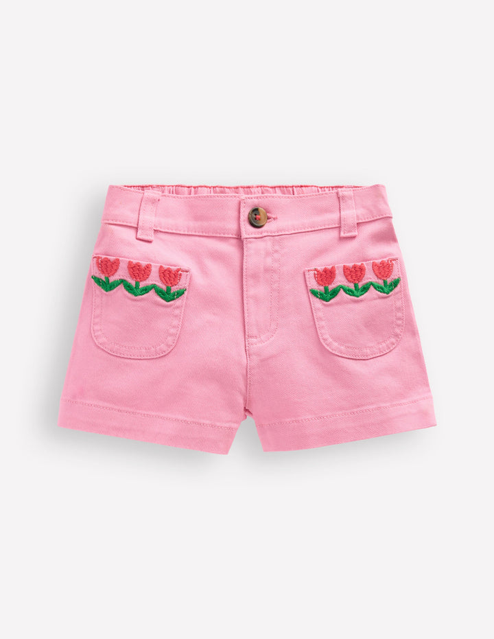 Short à poches plaquées-Denim brodé rose