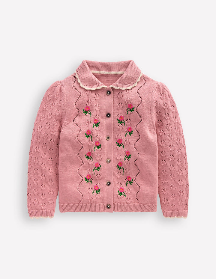 Pointelle-Strickjacke mit Kragen-Vintage-Rosa