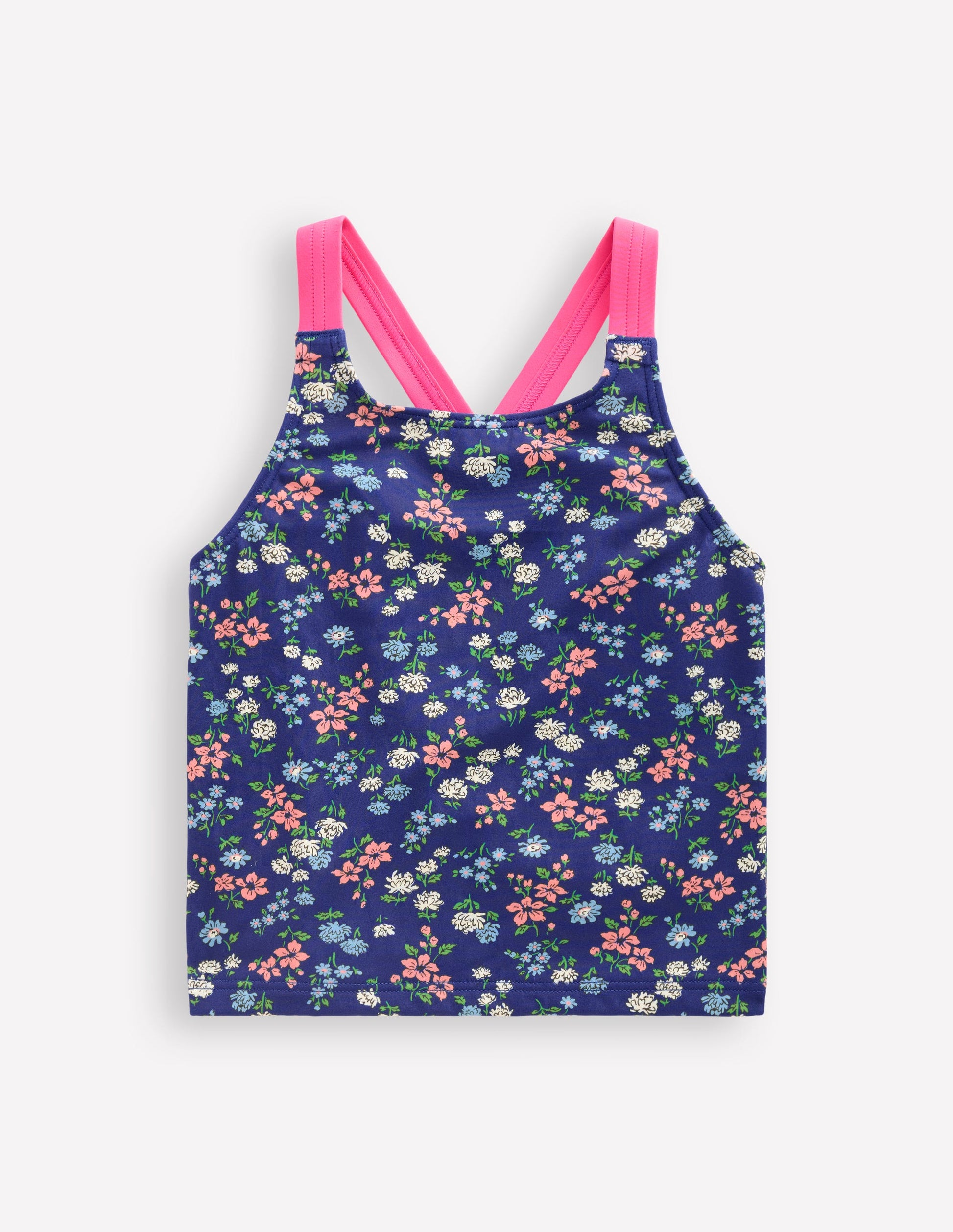 Tankini-Oberteil mit gekreuzten Rückenträgern-Saphirblau Wiese Blumenmuster-1