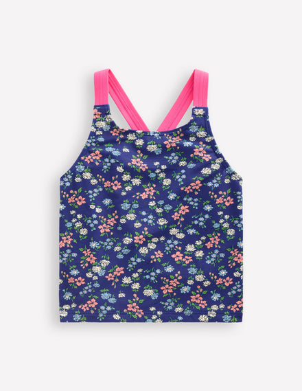 Tankini-Oberteil mit gekreuzten Rückenträgern-Saphirblau Wiese Blumenmuster