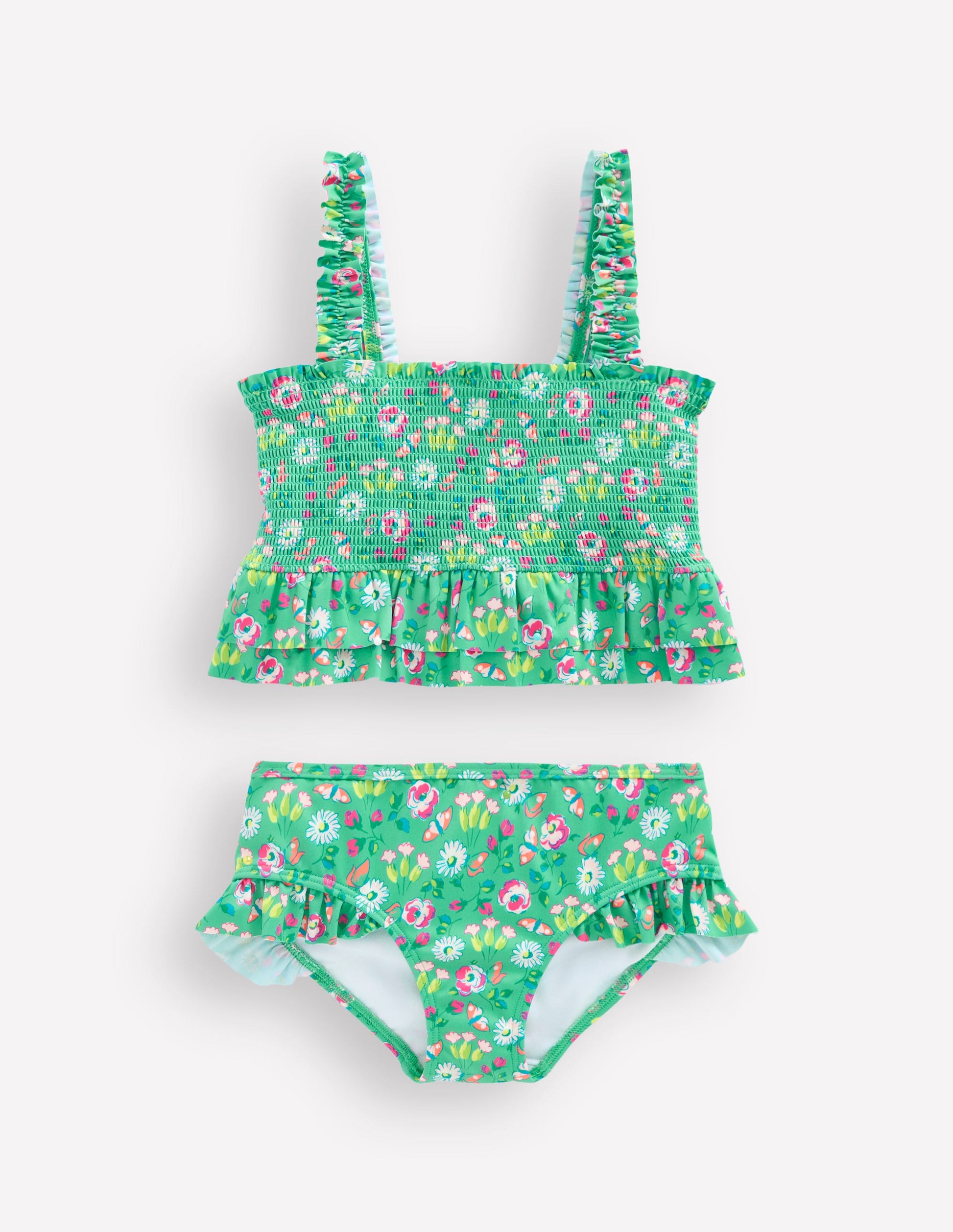 Gesmokter Bikini mit Schößchen-Aquamarin Schmetterlinge Blumenmuster-1
