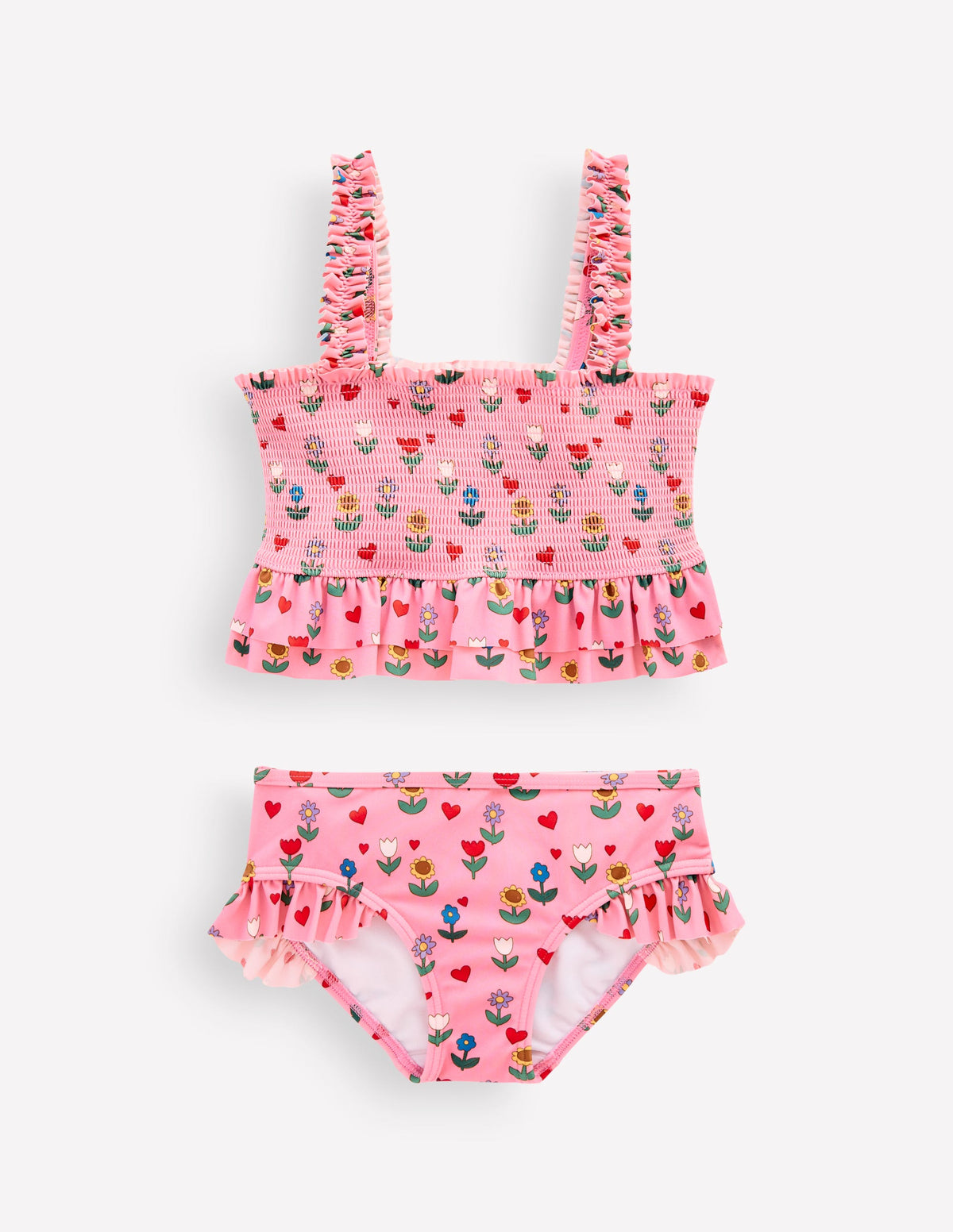Gesmokter Bikini mit Schößchen-Mandelrosa Sonnenblumen Garten-1