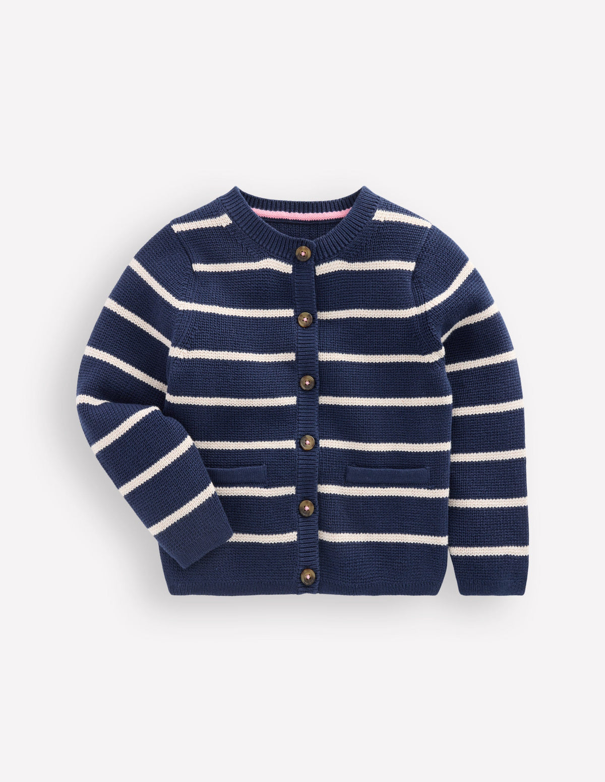 Strickjacke mit Rundhalsausschnitt-Schuluniform-Marineblau/Sanftes Naturweiß Streifen - Image 3