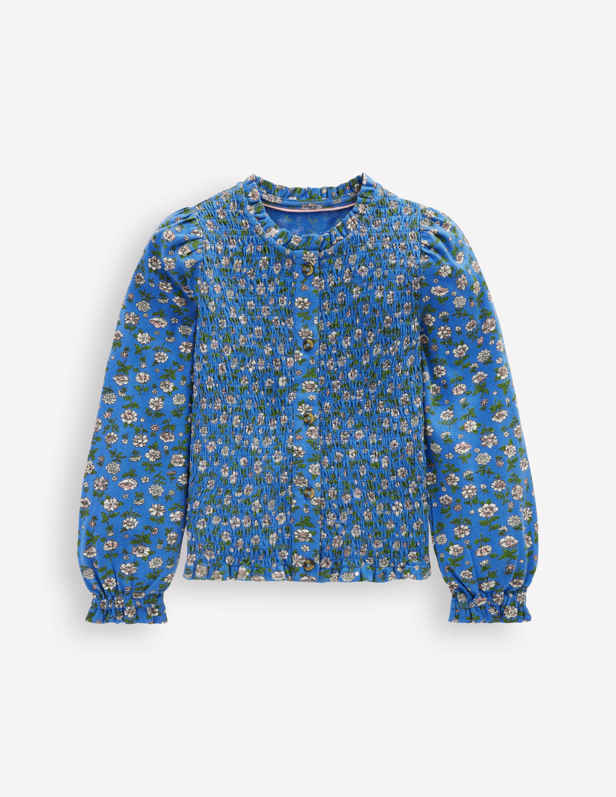 Gesmokte Jerseybluse-Delftblau Gartenblume-4