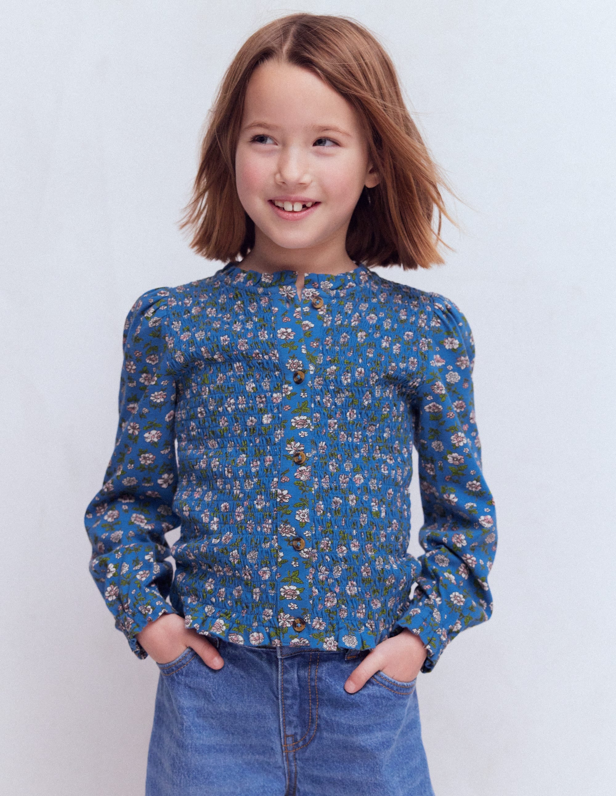 Gesmokte Jerseybluse-Delftblau Gartenblume - Image 2