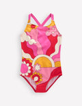 Maillot de bain imprimé croisé dans le dos-Motif Sixties Sunrise rouge cannelle