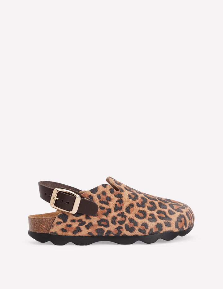 Clogs in Blockfarben-Mohair, Leopardenmuster