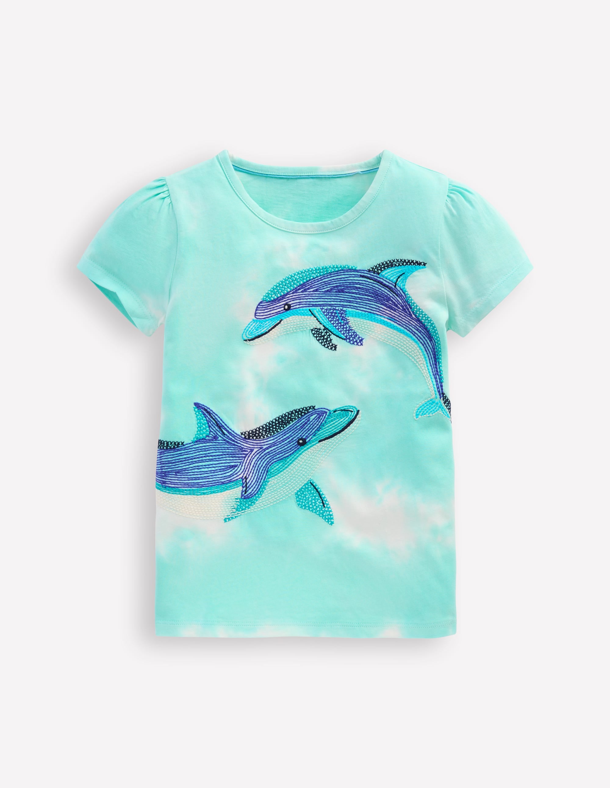 Puff Sleeve Superstitch Top-Blue Dolphins - Image 1