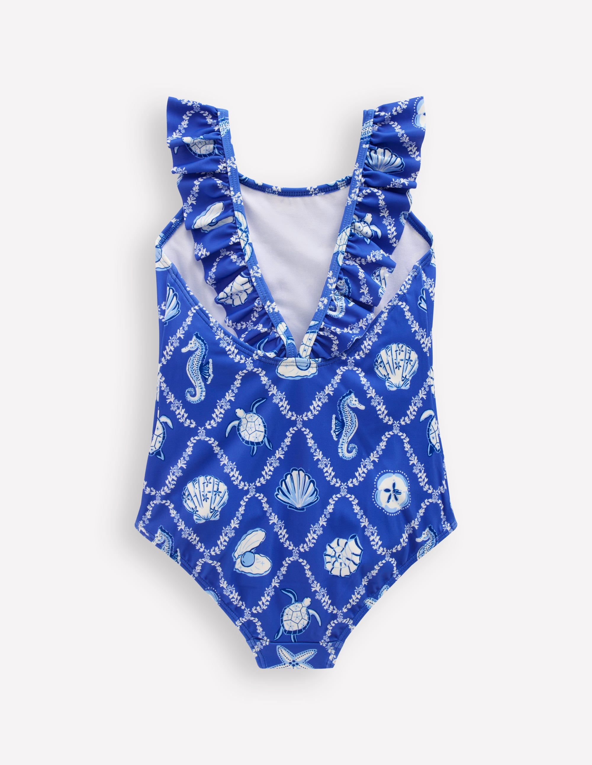 Hallie Badeanzug mit Rüschenträgern-Regency-Blau Kachelmuster mit Muscheln - Image 4