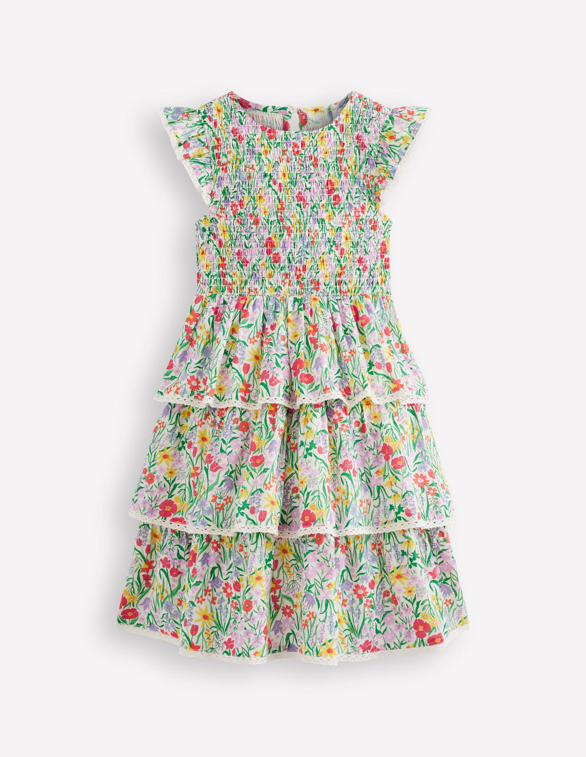 Gestuftes Kleid mit Spitzenbesatz-Bunt, Frühlingsblumen - Image 1