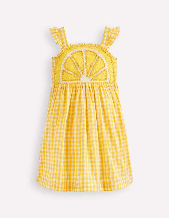 Originelles Trägerkleid-Zitronengelb, Vichykaros