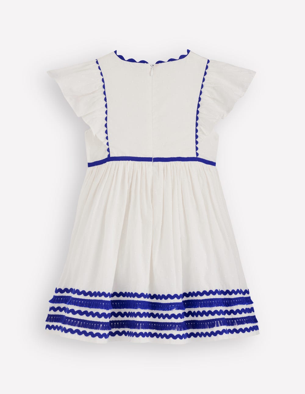 Kleid mit Flatterärmeln und Zackenlitze-Sanftes Naturweiß/Leuchtendes Blau-2
