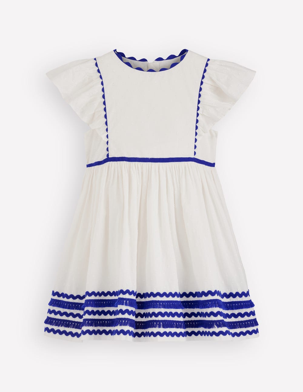 Kleid mit Flatterärmeln und Zackenlitze-Sanftes Naturweiß/Leuchtendes Blau-1
