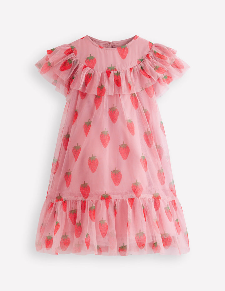 Tüllkleid mit Druck-Vintage-Rosa Erdbeere Stempel