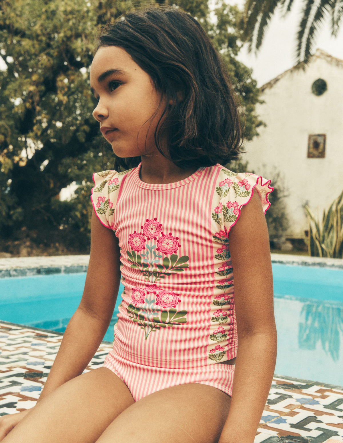 Gerafftes Tankini-Set-Erdbeerrosa, Holzschnittmuster-4