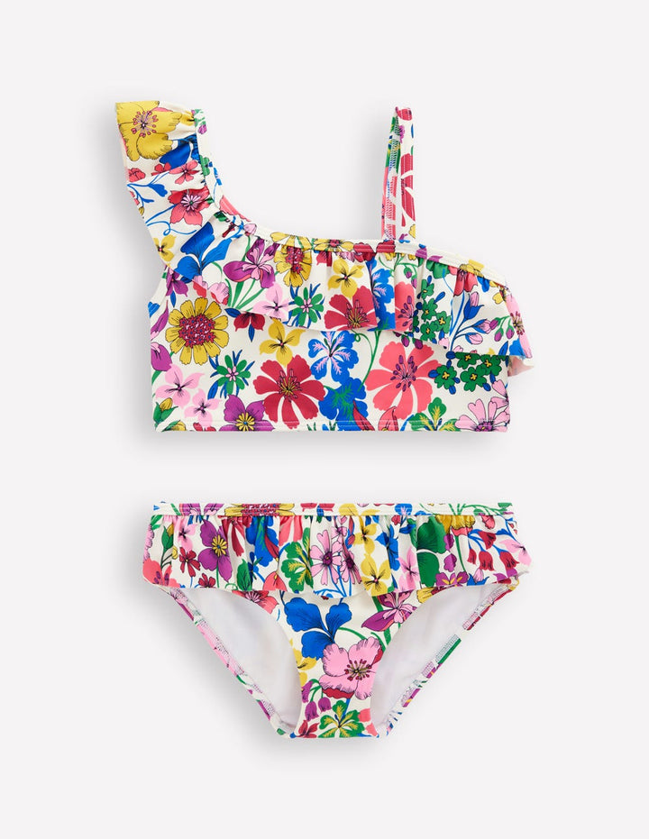 Bikini mit Rüschen und einem Träger-Bunt, Regenbogenblumen