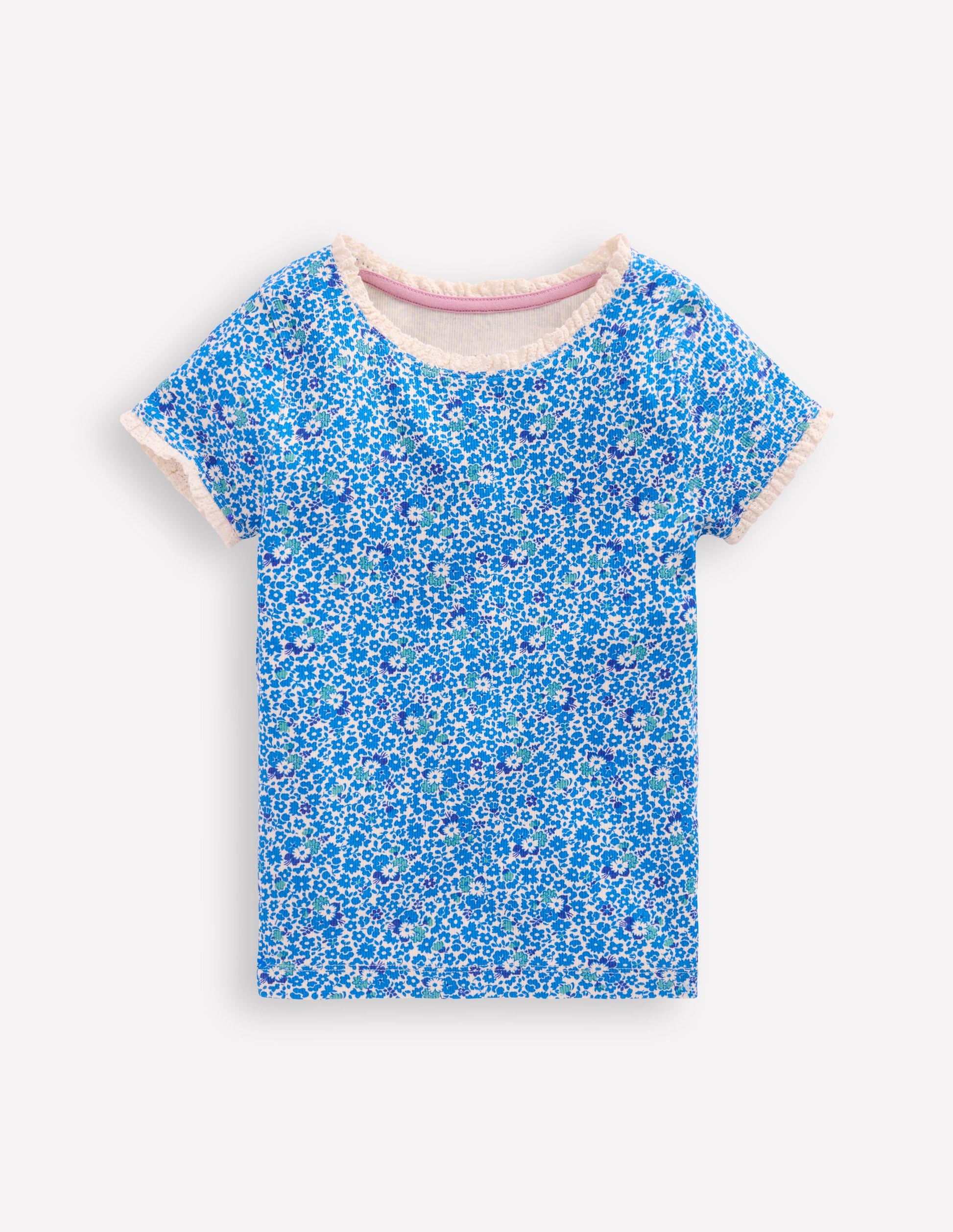 Geripptes Kurzarm-T-Shirt-Cabana-Blau Kleines Blumenmuster-1