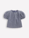 Gewebtes Oberteil mit Puffärmeln-Chambray Lochstickerei