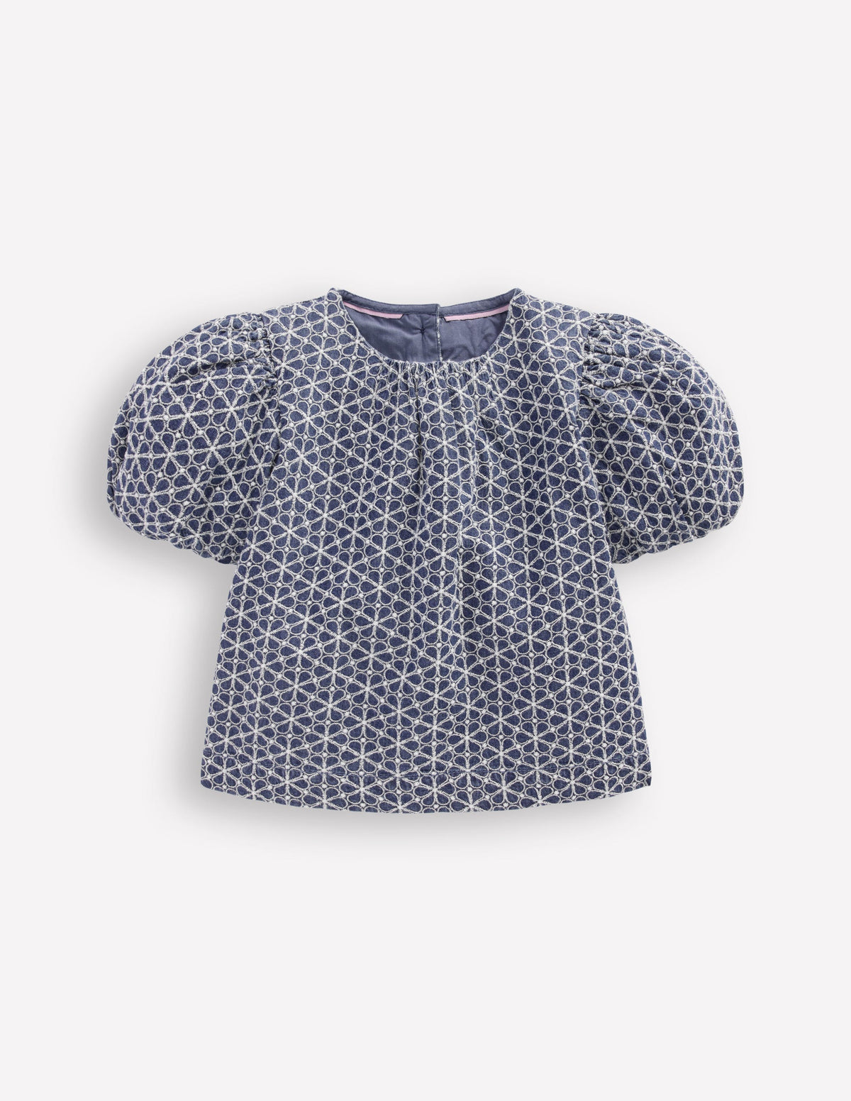 Gewebtes Oberteil mit Puffärmeln-Chambray Lochstickerei-1