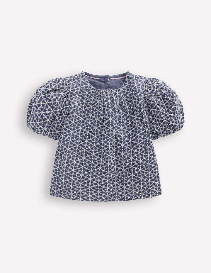 Gewebtes Oberteil mit Puffärmeln-Chambray Lochstickerei