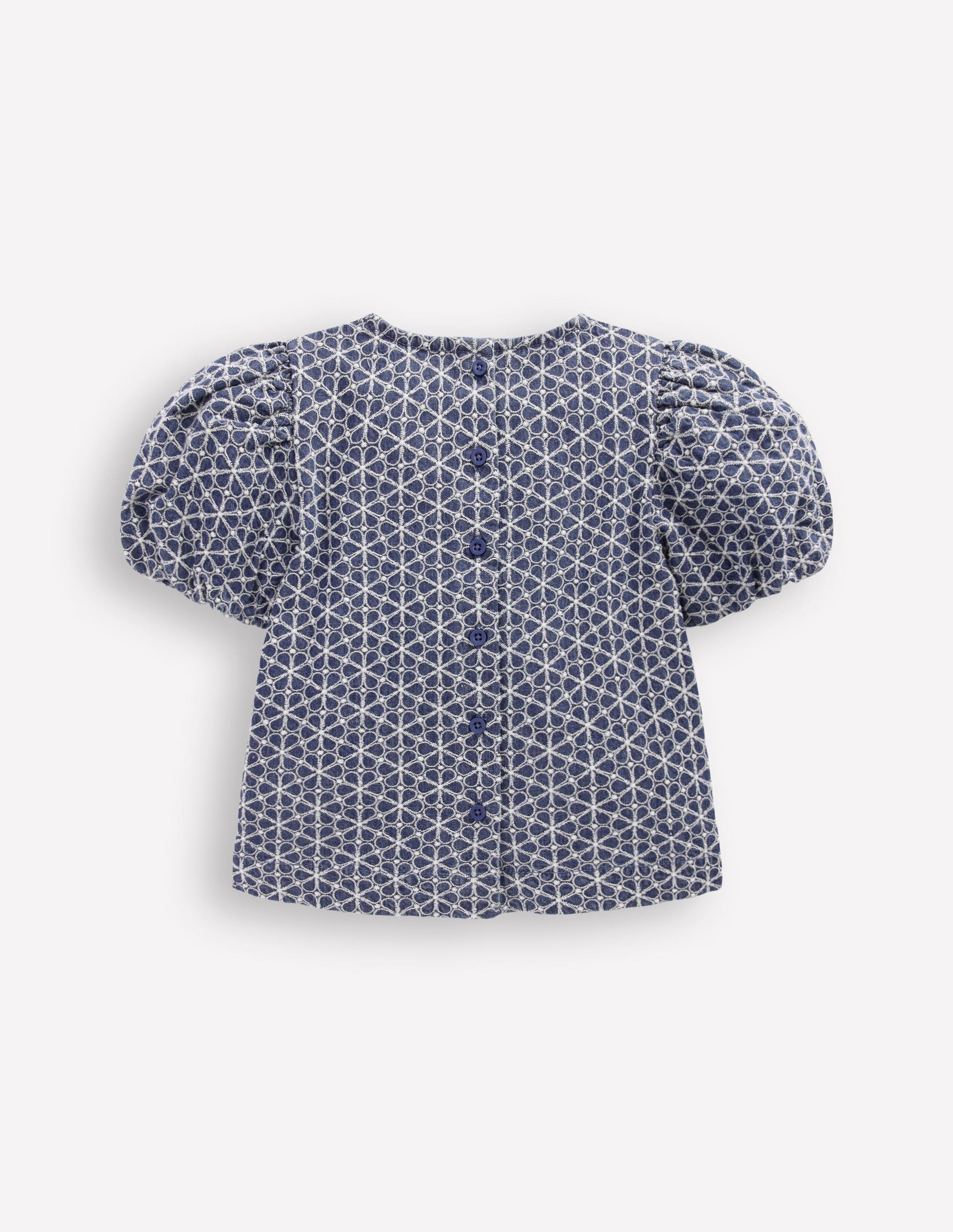 Gewebtes Oberteil mit Puffärmeln-Chambray Lochstickerei-2