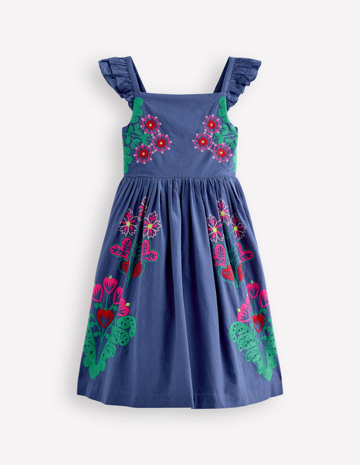Annalisa Sommerkleid zum Herumwirbeln-Denim-Blau Stickerei