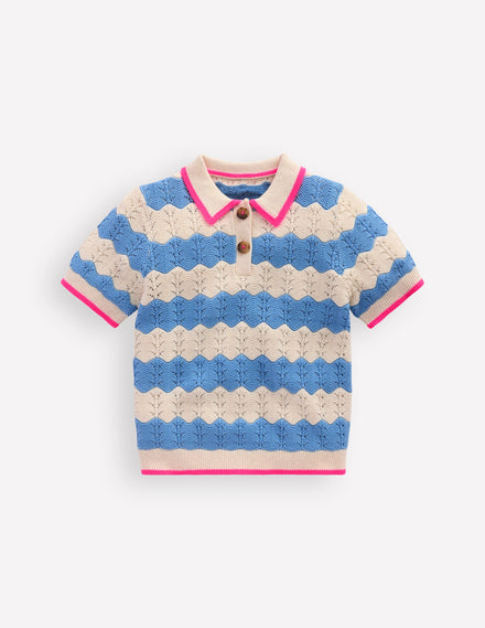 Poloshirt aus Pointelle-Strick-Wellenblau