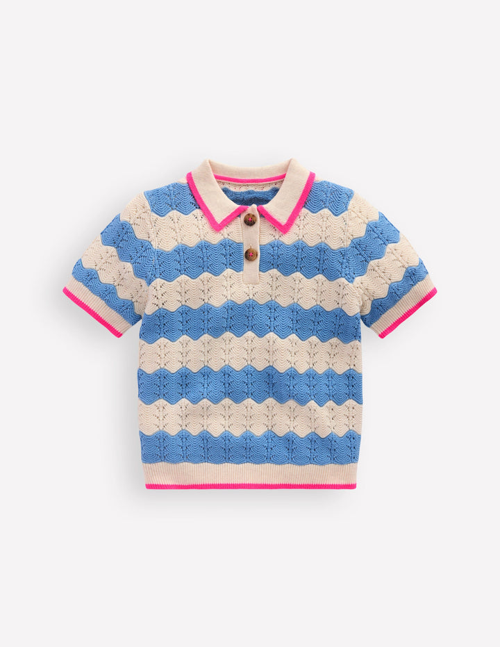 Polo en maille pointelle-Bleu vague