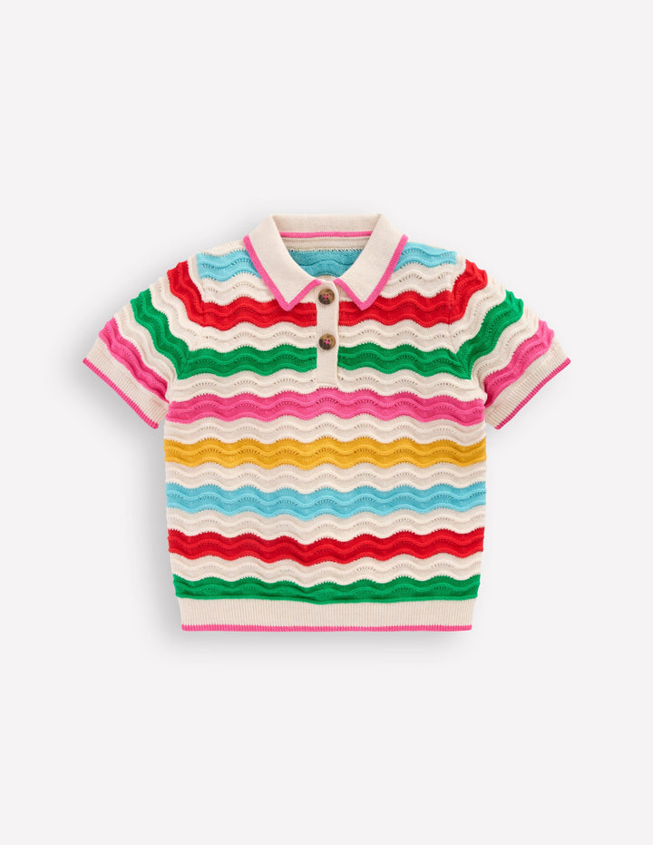 Polo en maille pointelle-Vague multi écru chiné