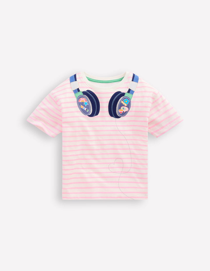 Easy T-Shirt mit Applikation-Kirschblütenrosa/Naturweiß Kopfhörer