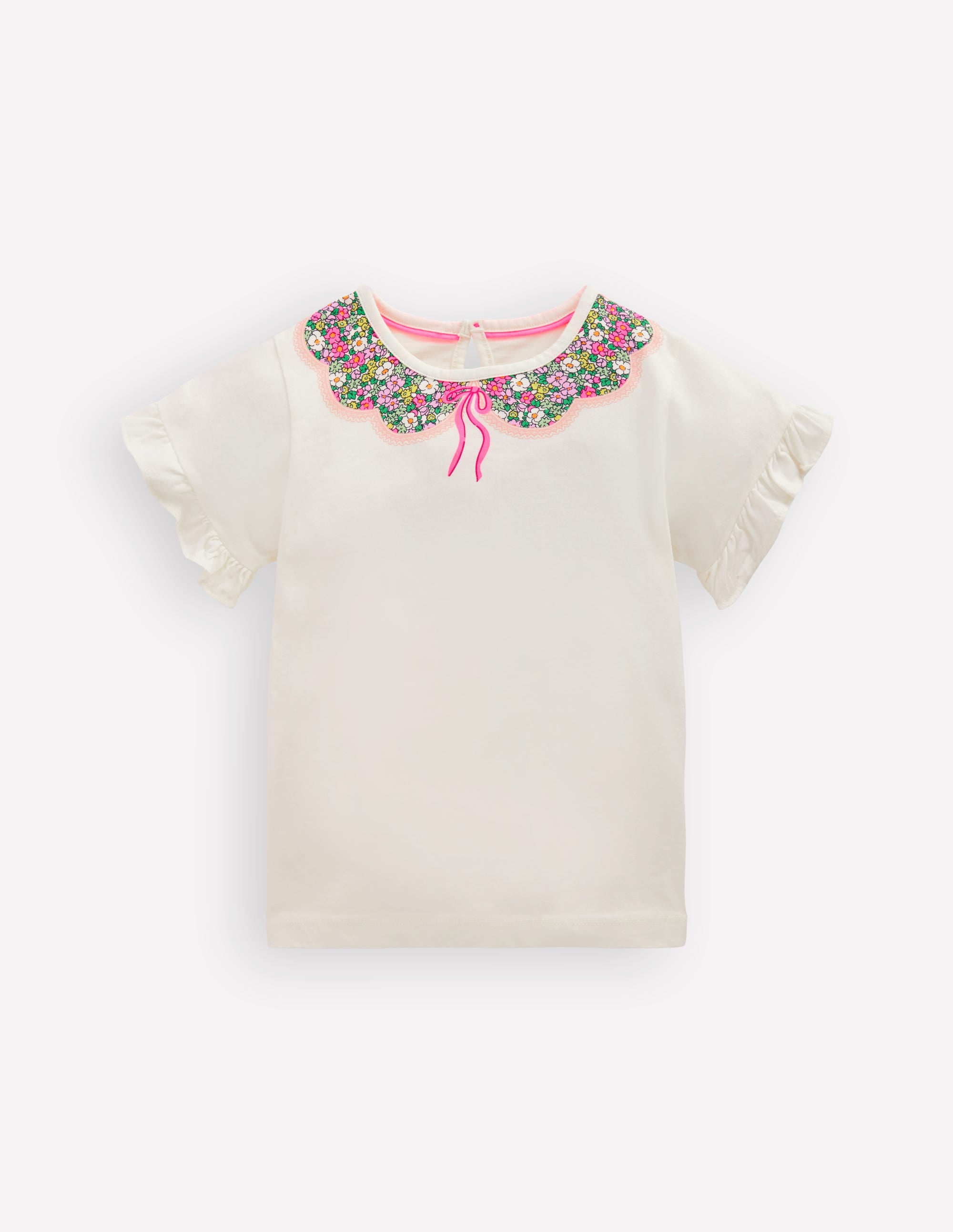 Hübsches T-Shirt mit Rüschen-Kragen mit Muster in Naturweiß - Image 1