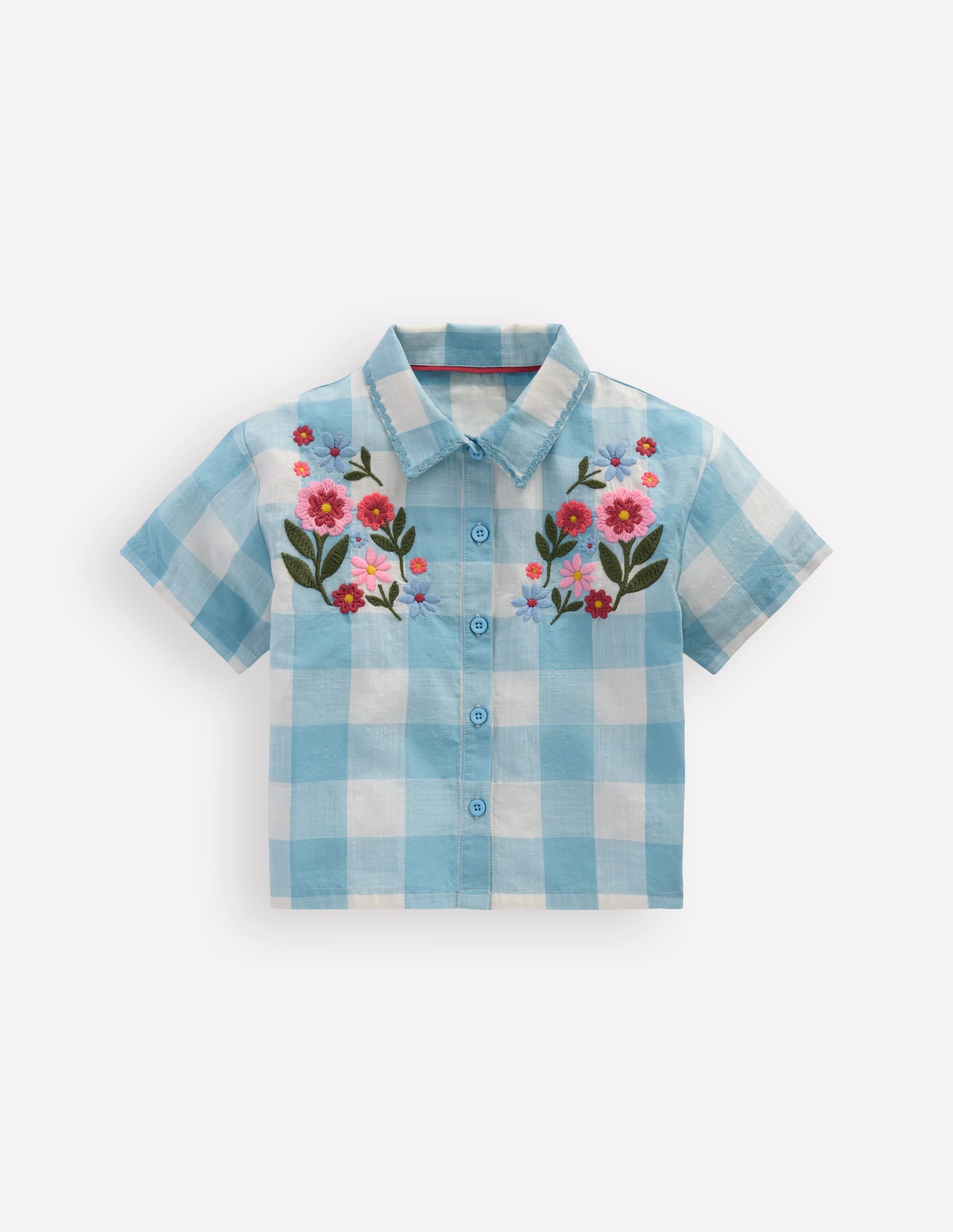 Short Sleeve Relaxed Shirt-Blue Gingham Embroidery - Image 1