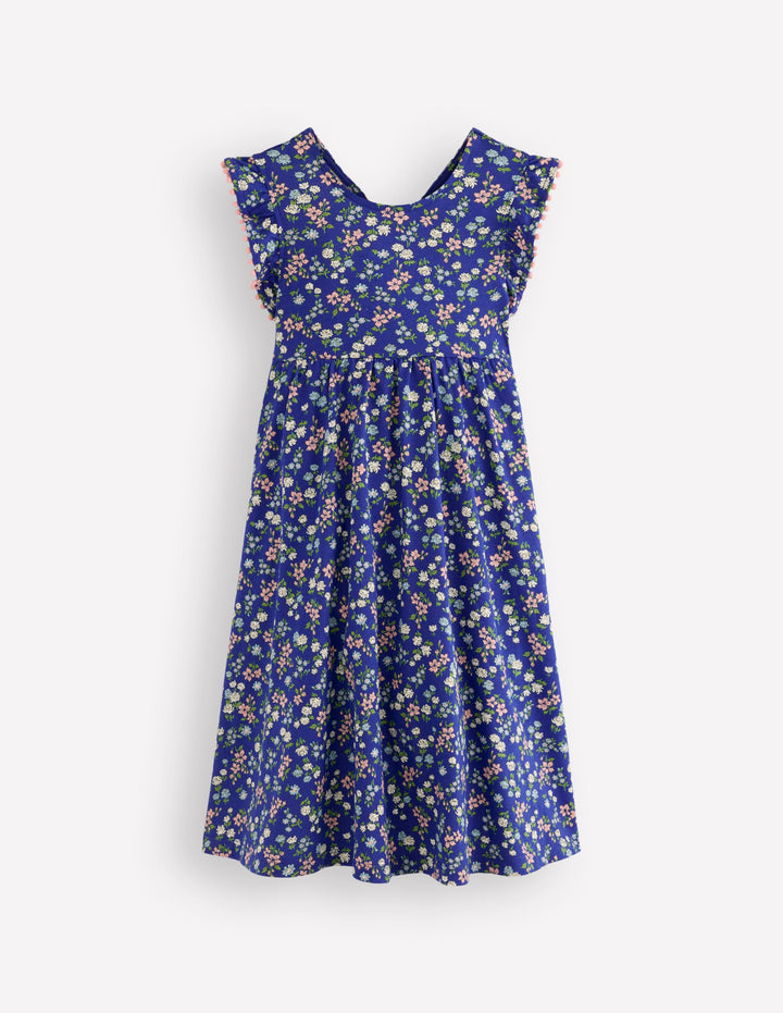 Jerseykleid mit Kleeblattschleife am Rücken-Blau Kleines Blütenmuster