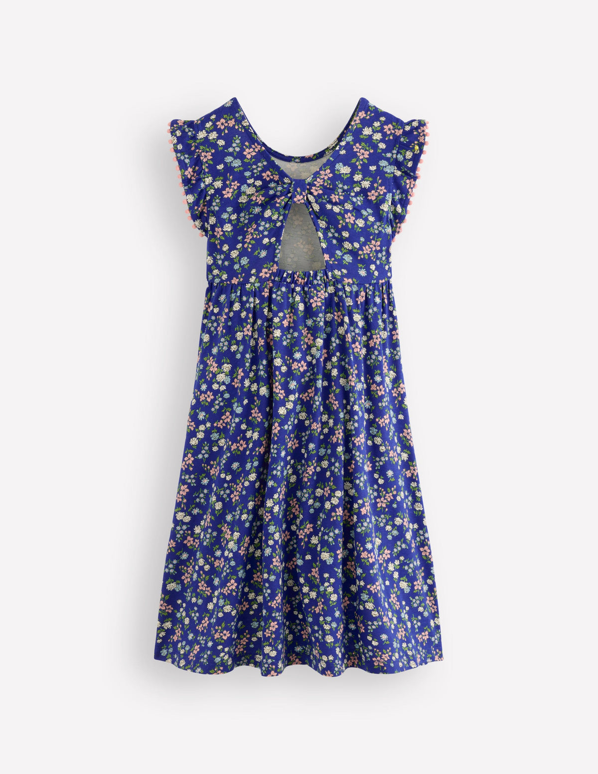 Jerseykleid mit Kleeblattschleife am Rücken-Blau Kleines Blütenmuster-2
