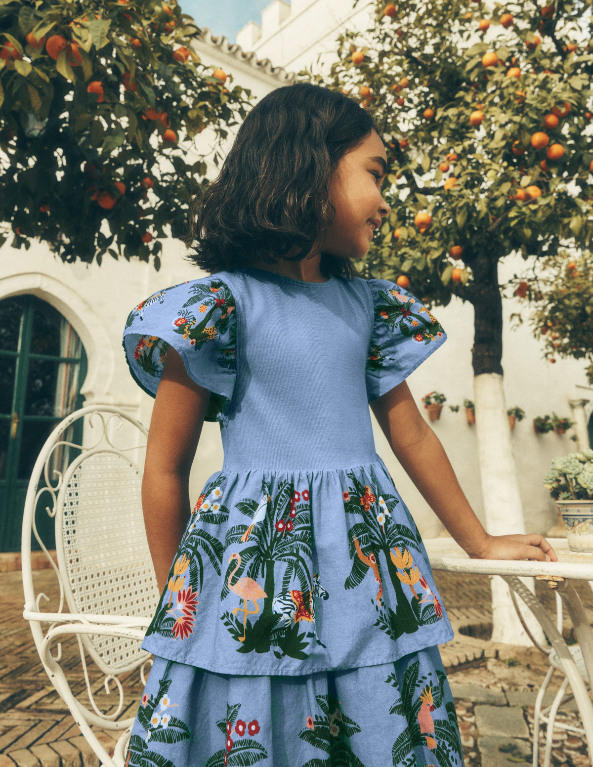 Kleid zum Herumwirbeln mit gewebten Elementen-Azurblau Dschungel-Spalier-5