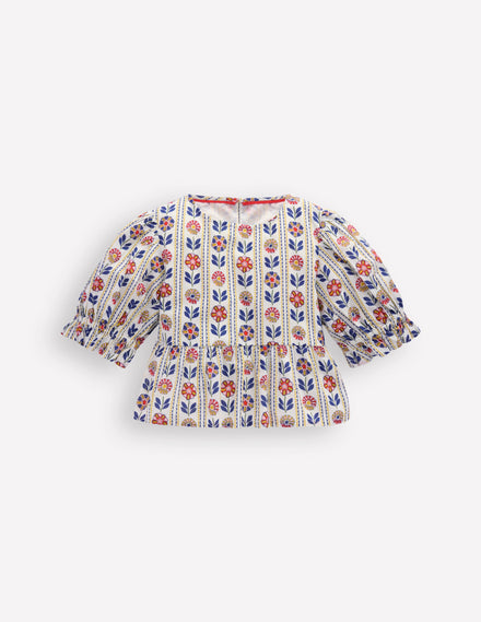 Peplum Woven Top-Ivory Floral Stripe