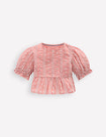 Top tissé à basque-Broderie anglaise rose amande