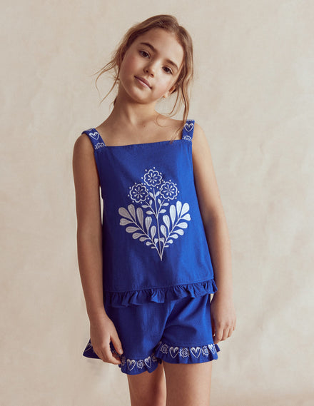 Embroidered Ruffle Top-Bright Blue Embroidery