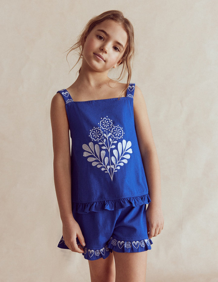 Top à volants brodé-Broderie bleu vif
