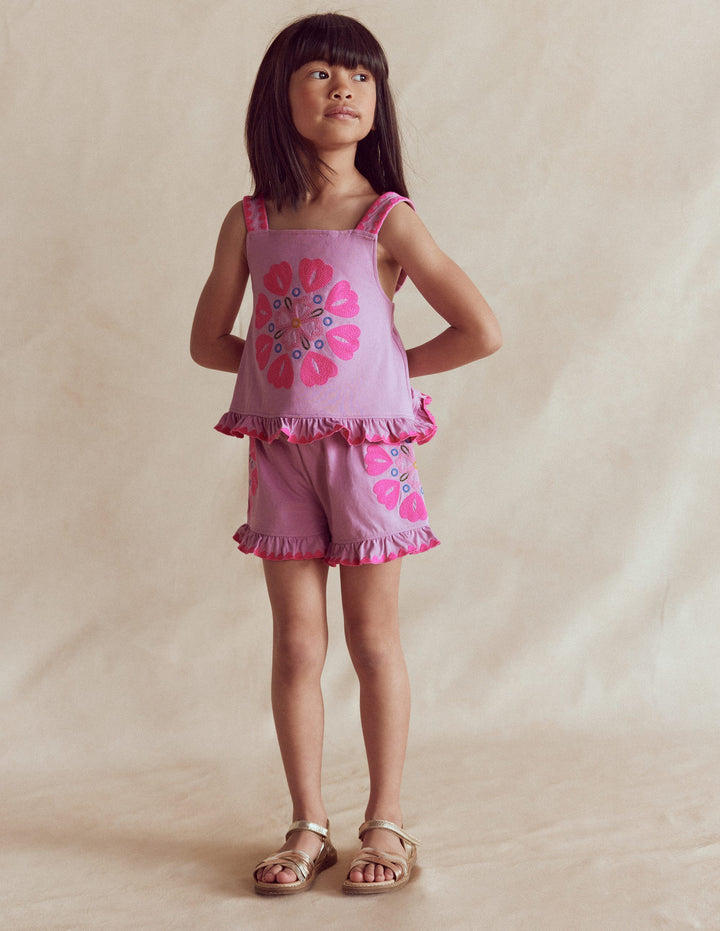 Top à volants brodé-Rose punch broderie