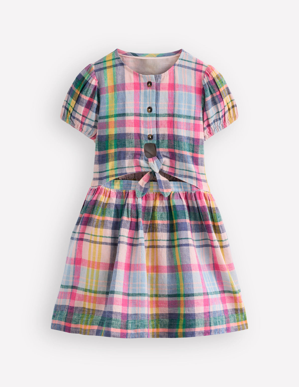Robe tissée nouée sur le devant-Carreaux bleu, rose et vert-2