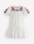 Drop Waist Bubble Dress-Soft Ivory Embroidery