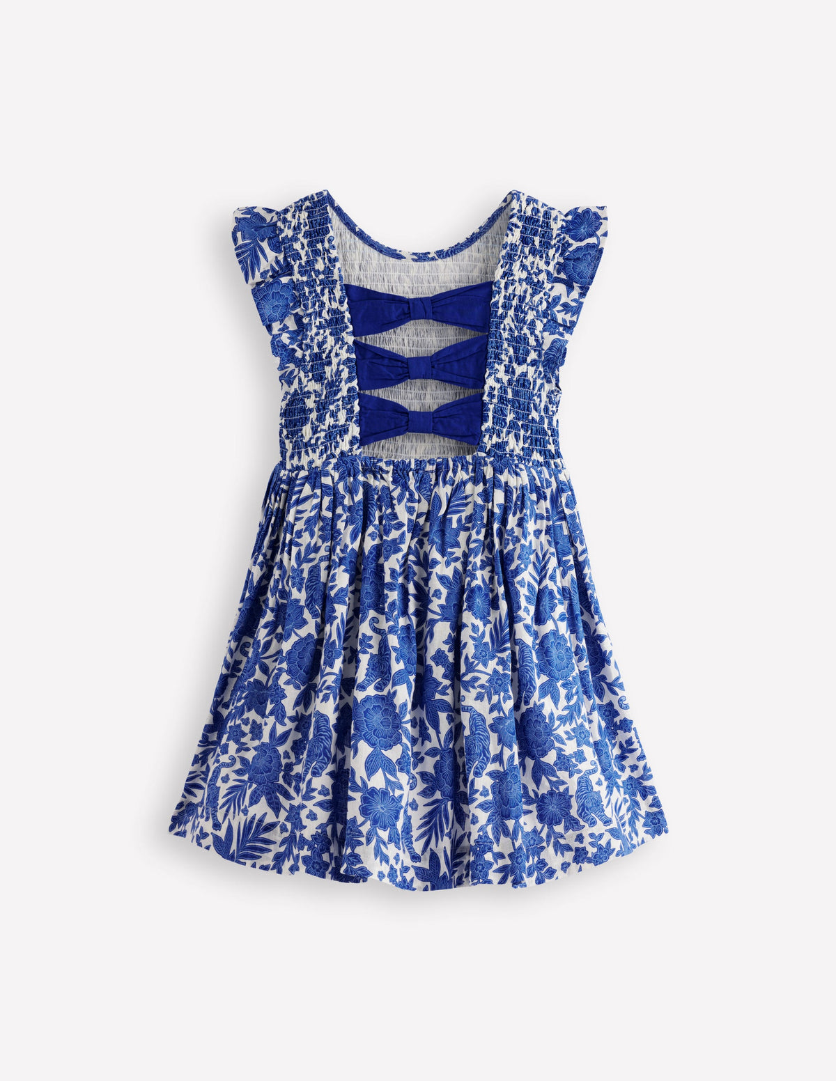 Bow Back Shirred Dress-Bright Blue Jungle Woodblock - Image 3