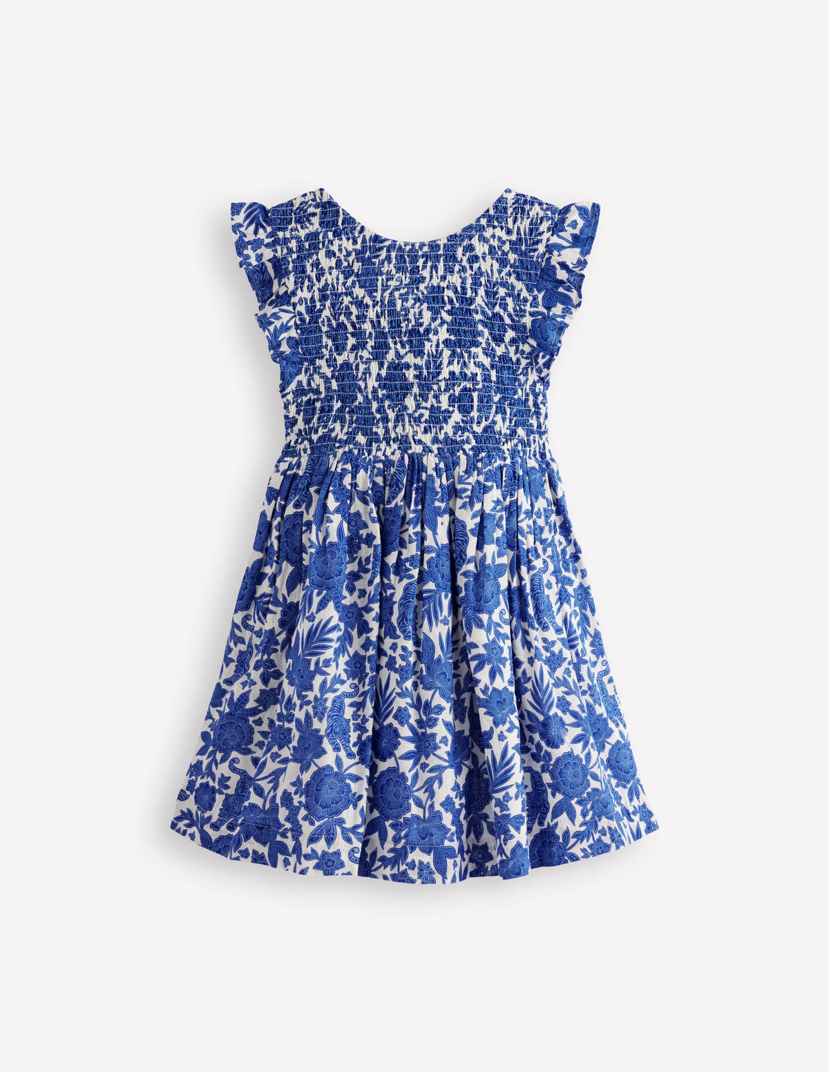 Bow Back Shirred Dress-Bright Blue Jungle Woodblock-2