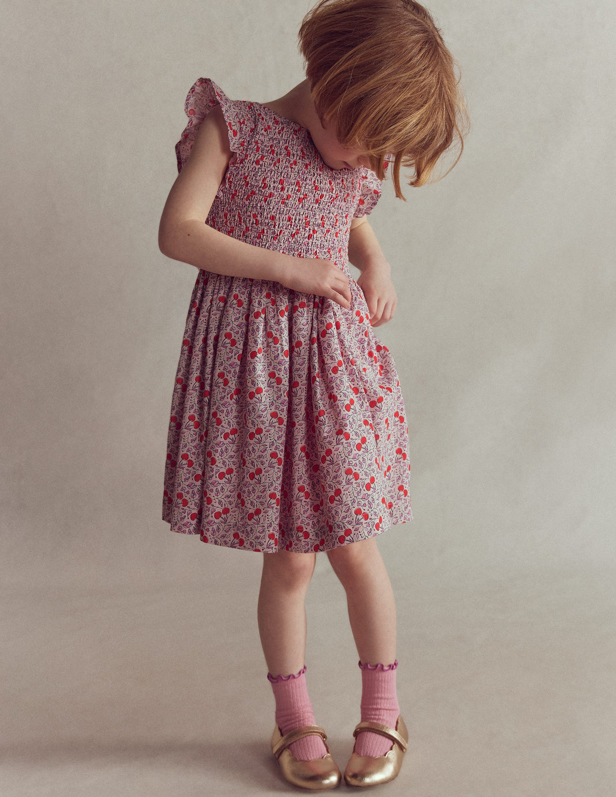 Gerafftes Kleid mit Schleife am Rücken-Pink Kirschen-1