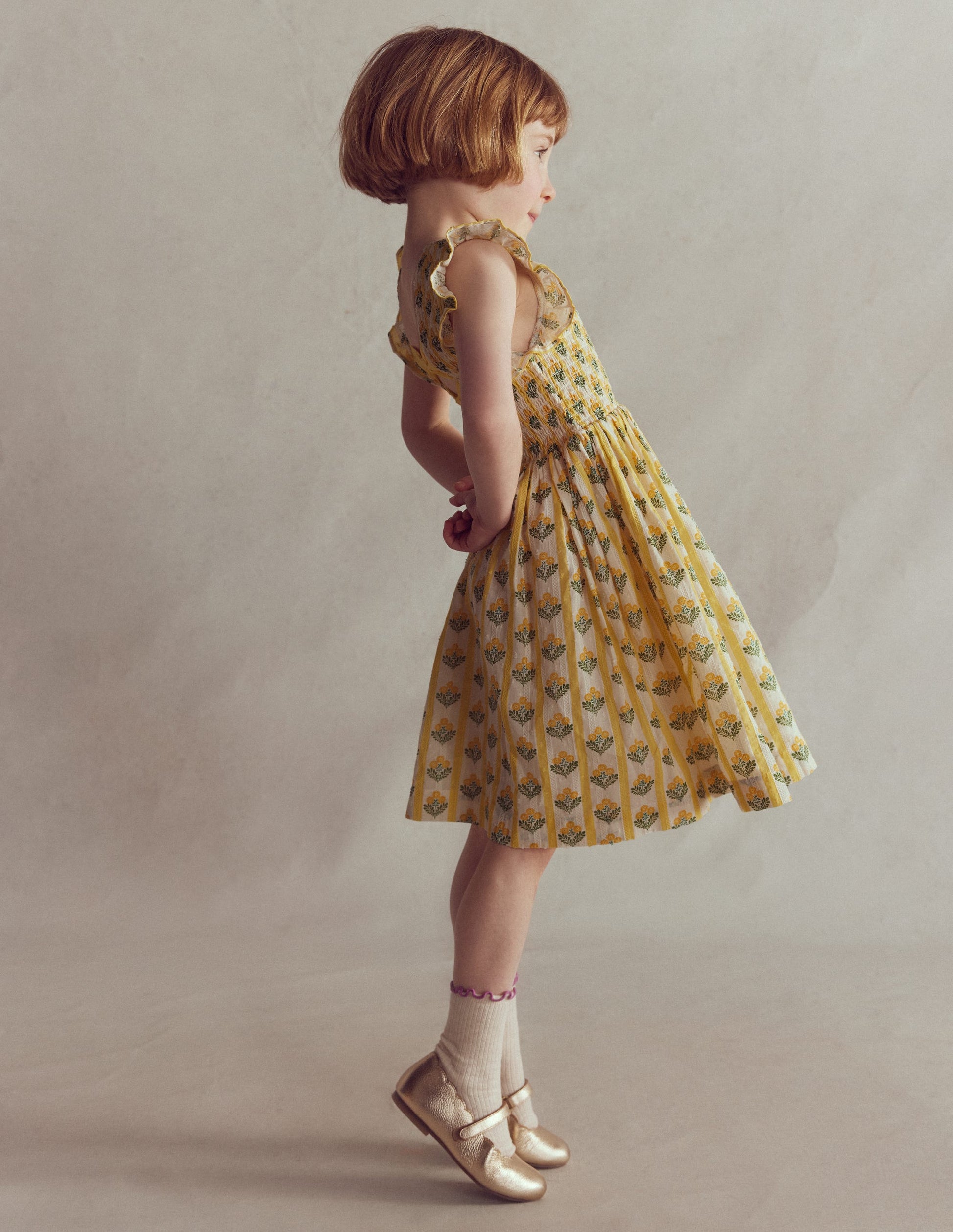 Bow Back Shirred Dress-Honeycomb Yellow Flower Stem-1