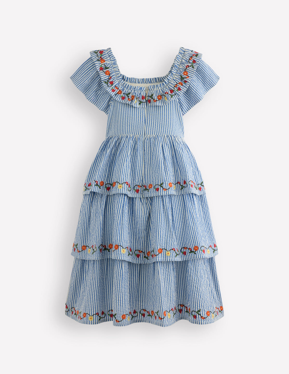 Gewebtes Stufenkleid mit Rüschen-Drillich Streifen Blumenmuster - Image 3