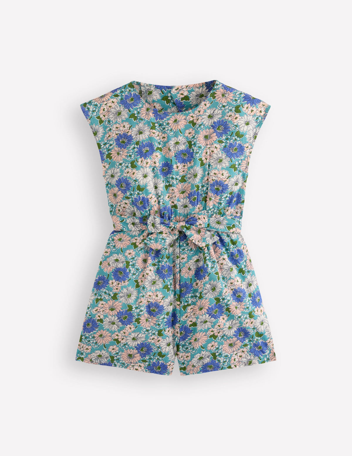 Gewebter Jumpsuit mit Bindegürtel-Blau Geblümt-4